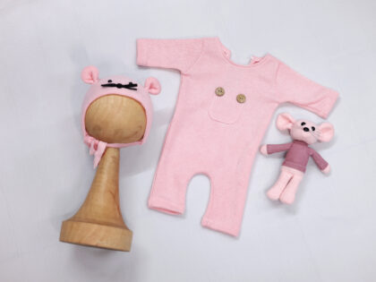 KNITTED JUMPSUIT HAT RAT DOLL SET(PINK)