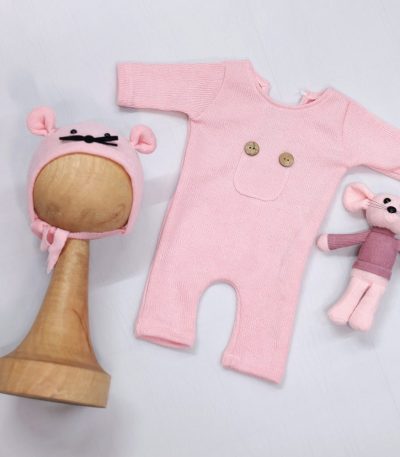 KNITTED JUMPSUIT HAT RAT DOLL SET(PINK)