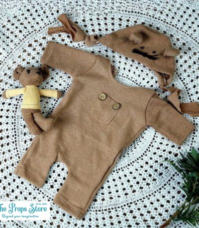 KNITTED JUMPSUIT HAT RAT DOLL SET(BROWN)