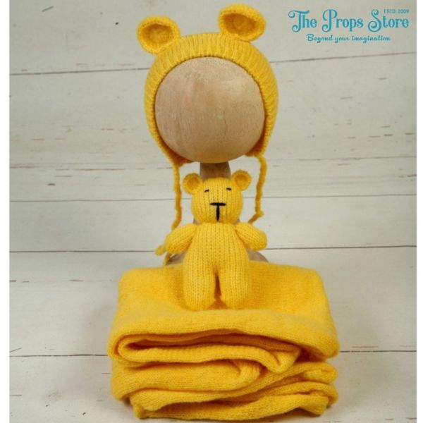 WOOL KNIT WRAP, CAP & TEADY SET YELLOW